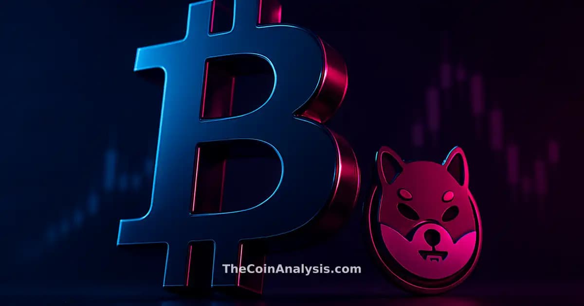 Symbole Bitcoin 3D brillant en bleu nuit et magenta, avec glyphes memecoin et chandeliers boursiers flous en arrière-plan.