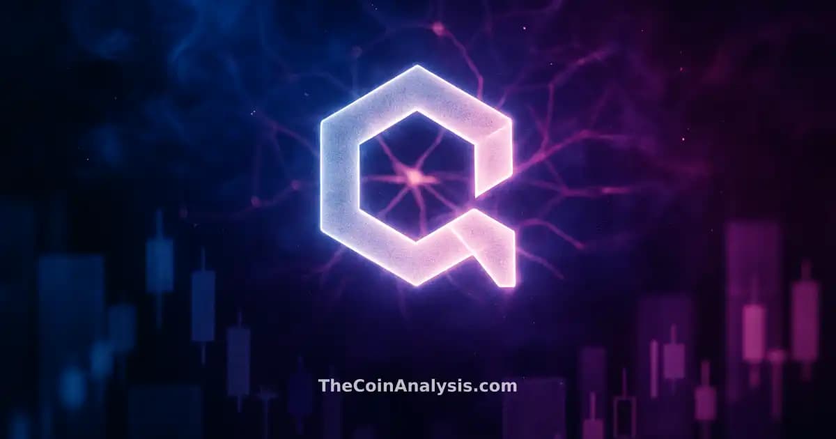 Symbole Quant lumineux entouré de graphiques boursiers et filaments lumineux dans une ambiance bleu nuit et magenta