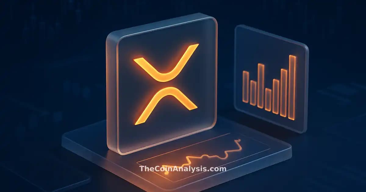 Glyphe XRP en verre dépoli et accents ambre holographiques, panneaux flottants et graphiques boursiers isométriques.