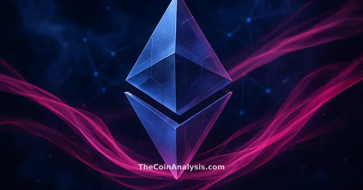 Stylized Ethereum symbol made of translucent blocks with glowing filaments and swirling magenta data ribbons