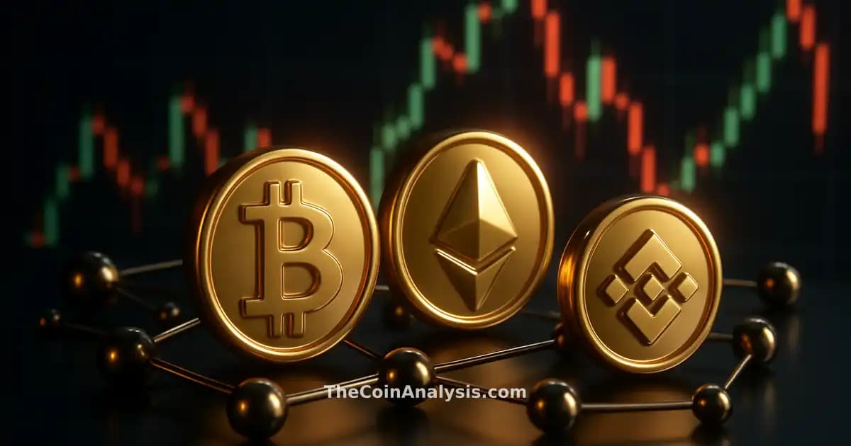 Pièces de crypto 3D brillantes avec nœuds réseau abstraits sur fond de graphique chandelier dramatique.