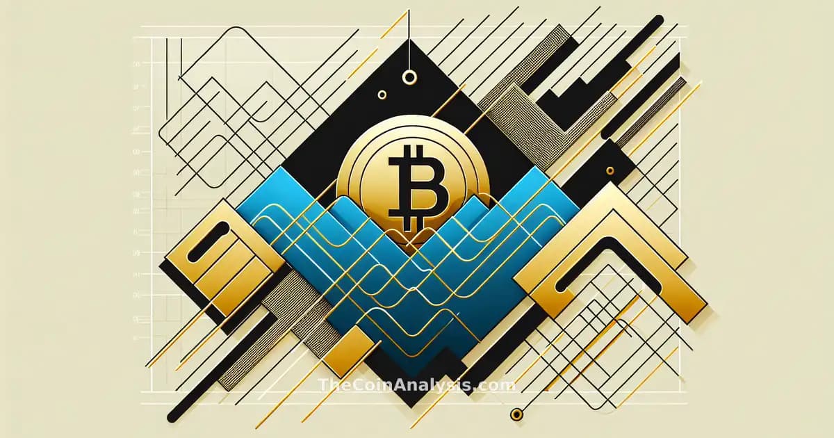 Abstract geometric gold Bitcoin symbol amid black and electric blue waves representing volatility and energy grids