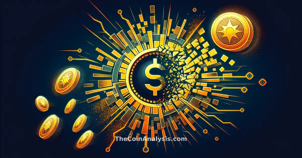 Illustration numérique de pièces Solana fracturées en mouvement, symbolisant tension et perturbation digitale.