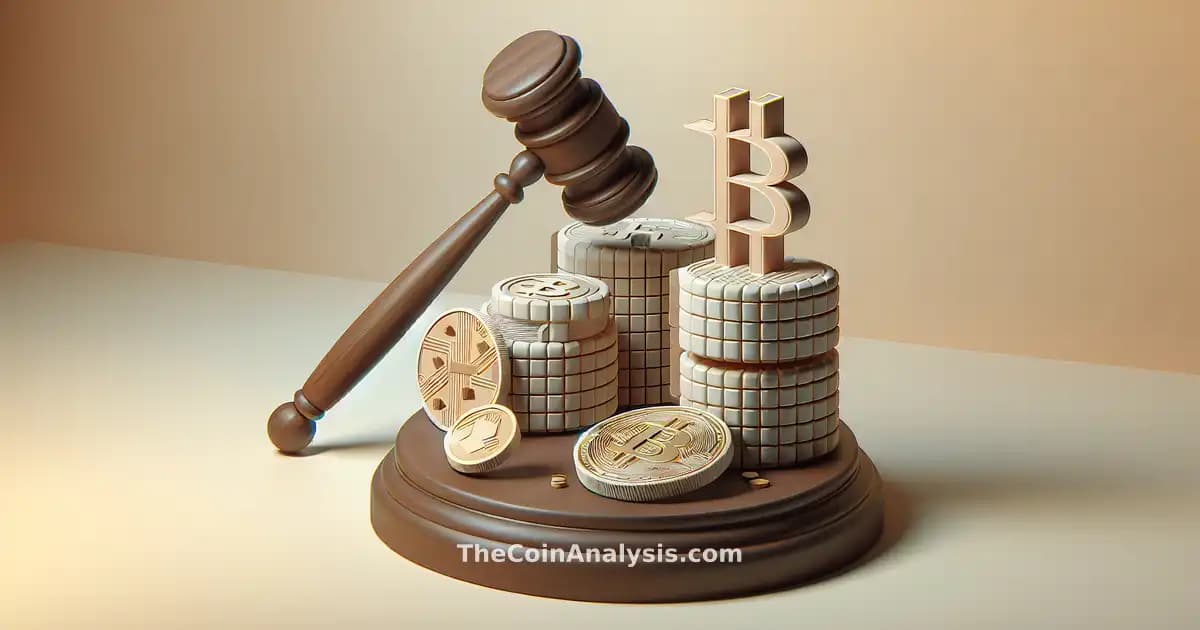 Stylized gavel hovering above abstract golden crypto coins on a clean, light gray background.