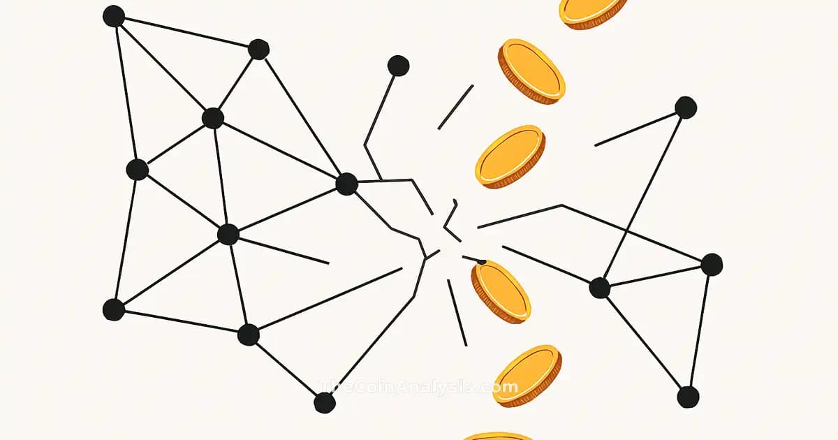 Abstract network nodes and lines disrupted with stylized coins descending on a clean white background.