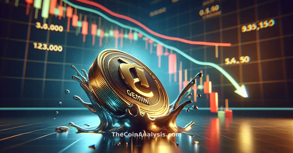 3D glossy Gemini coin crashing downward with dramatic lighting and a plummeting candlestick chart in background