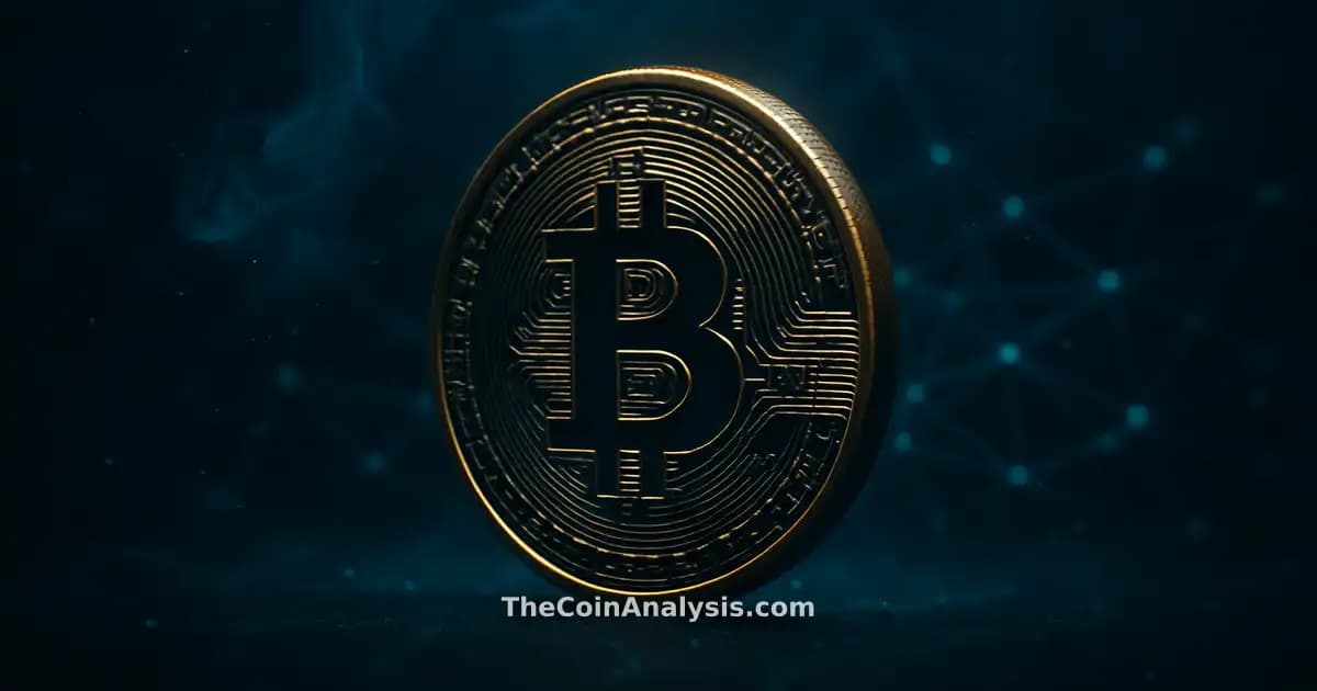 Stylized Bitcoin coin with golden rim light, glowing network filaments, and electric teal smoke on navy background