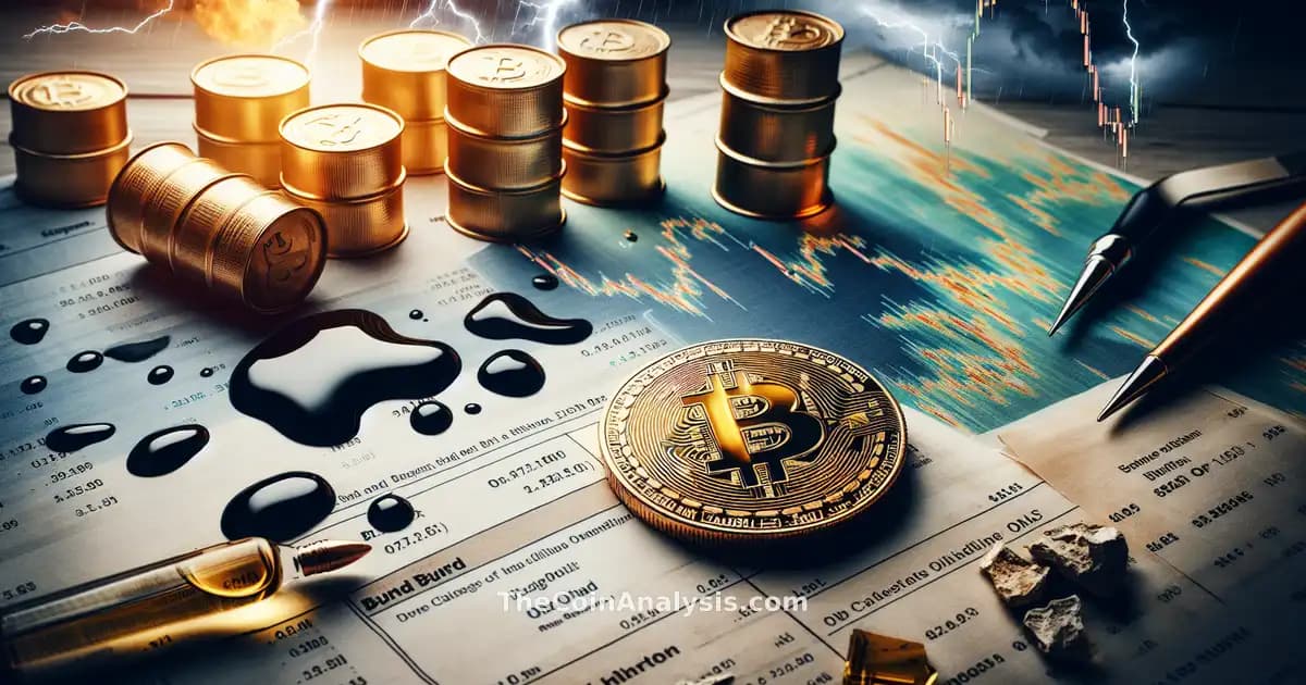 Bitcoin coin surrounded by stormy financial charts, oil barrels, and torn bond documents symbolizing market turmoil