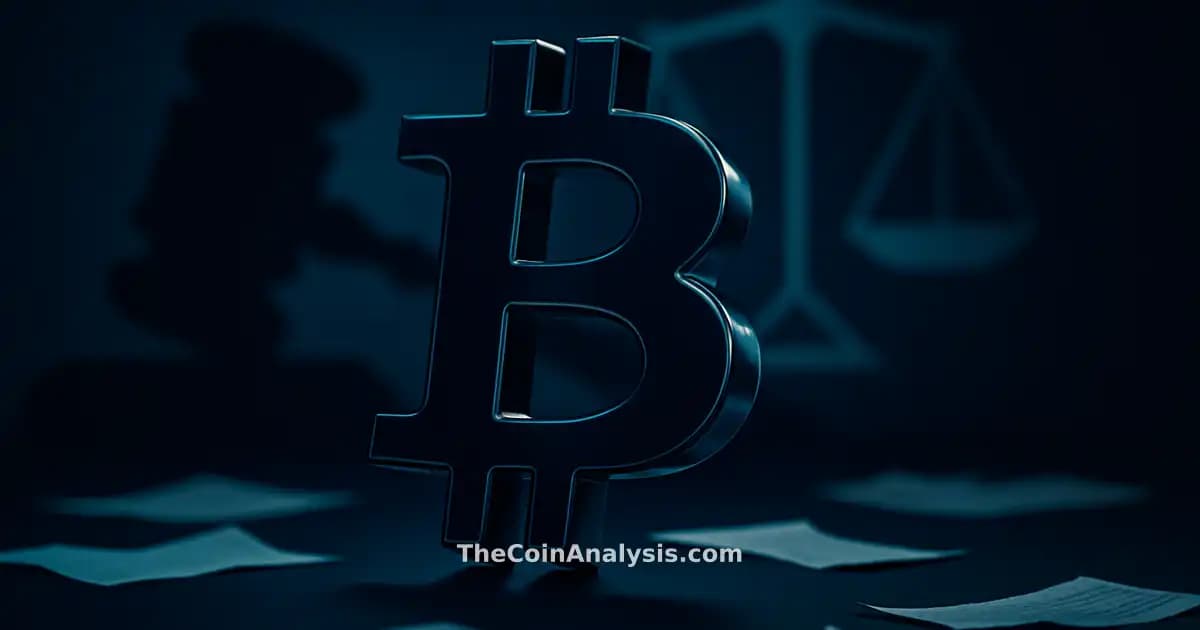 Symbole Bitcoin 3D brillant sur fond sombre avec silhouette de marteau et balances de justice abstraites.