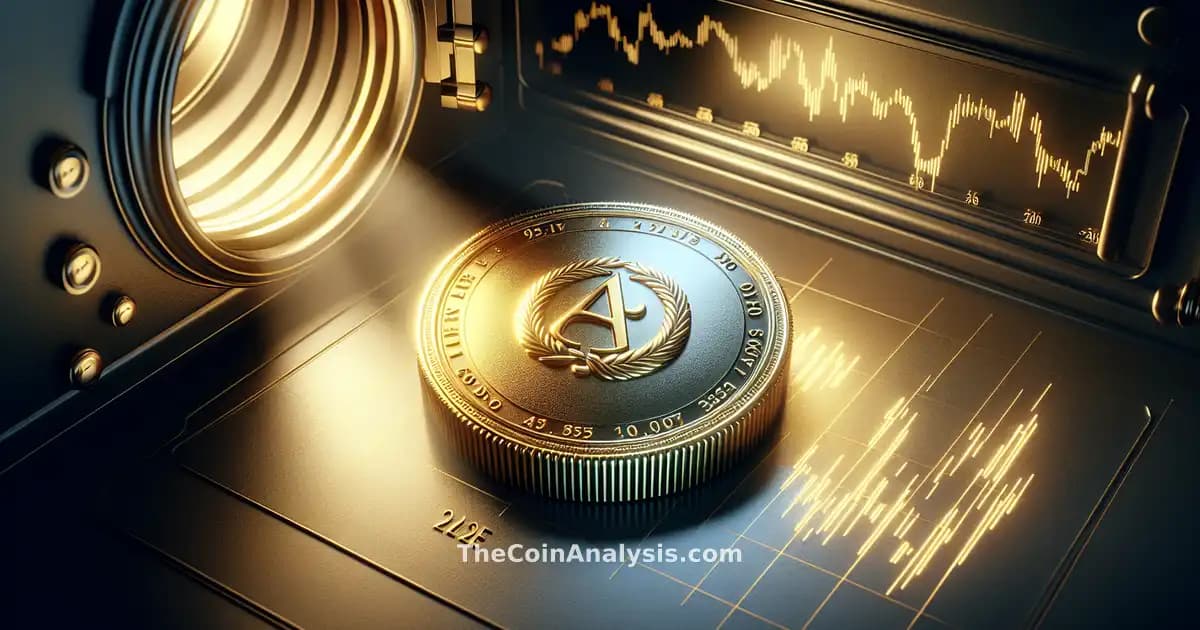 Cinematic 3D gold AAVE token with dramatic rim light, sharp focus, candlestick chart, and treasury vault background