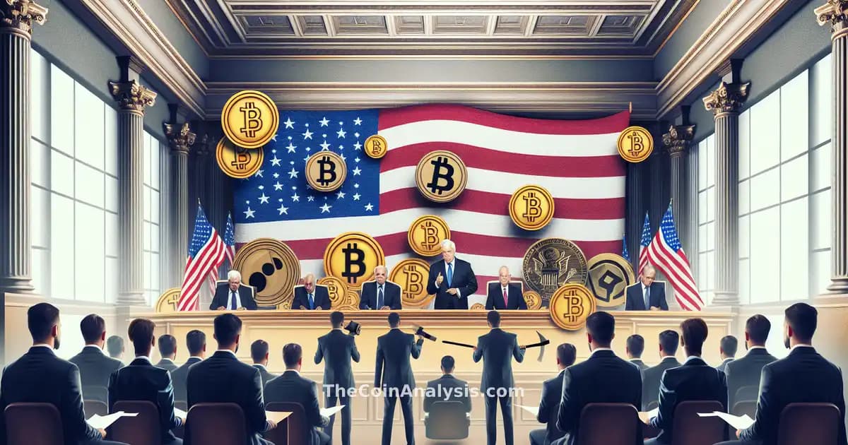 Sénateurs américains sérieux entourés de symboles cryptographiques dans une ambiance législative sombre.