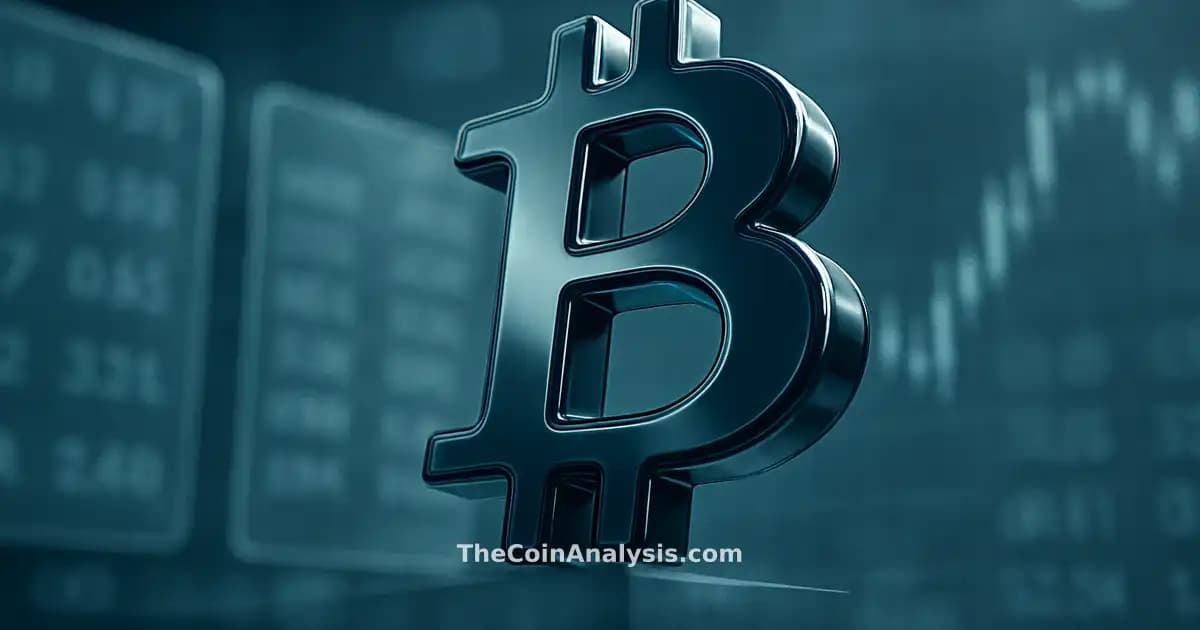 Symbole Bitcoin 3D brillant en gros plan, éclairage dramatique, fonds boursiers givrés et graphiques flous.