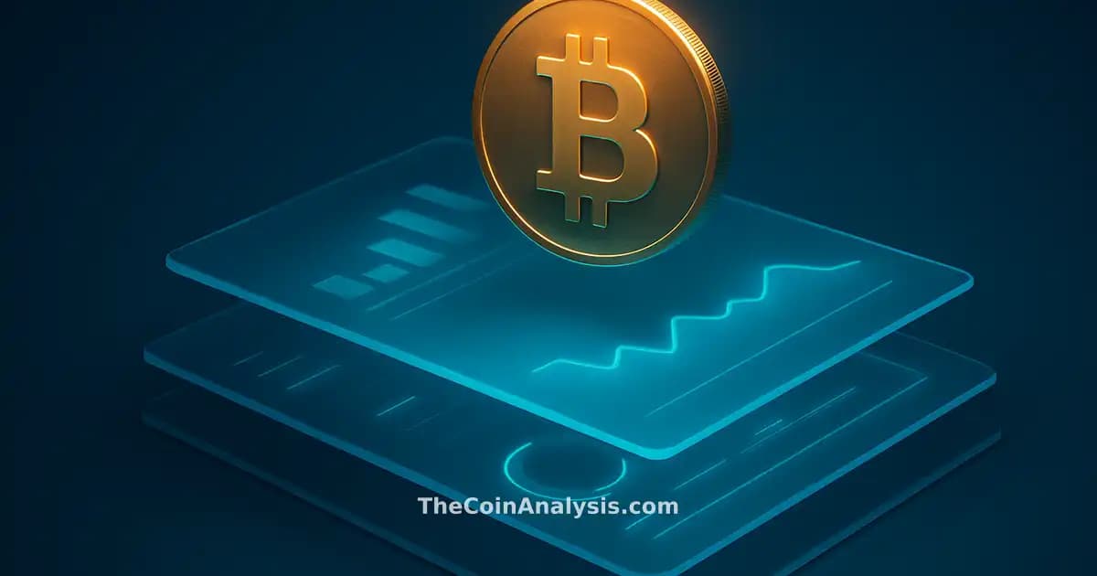 Bitcoin stylisé doré flottant au-dessus de panneaux en verre givré avec visualisation de flux ETF abstraits.