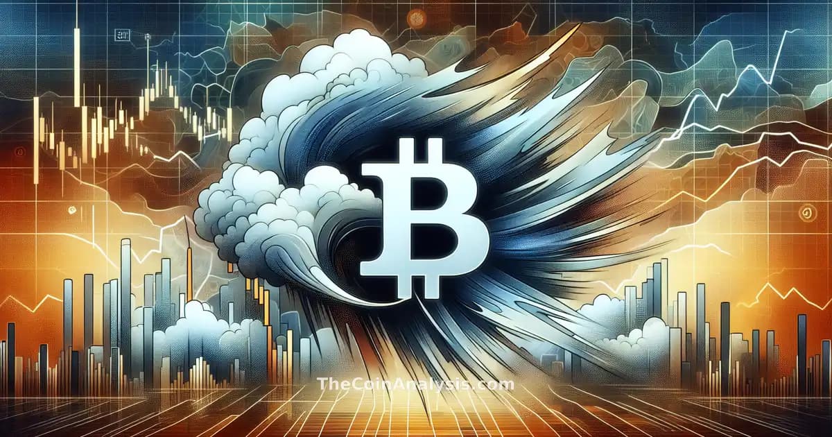 Symbole Bitcoin tourmenté entouré de graphiques financiers abstraits et vagues représentant la volatilité.