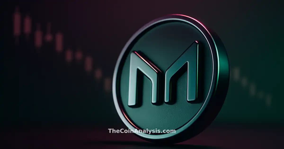 Glyphe 3D brillant du token Maker en plongée, éclairage dramatique, bougies boursières en baisse en arrière-plan flou.