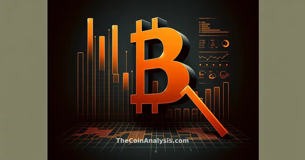 Large orange Bitcoin symbol slanting downward over dark background with faint financial graphs and grid lines