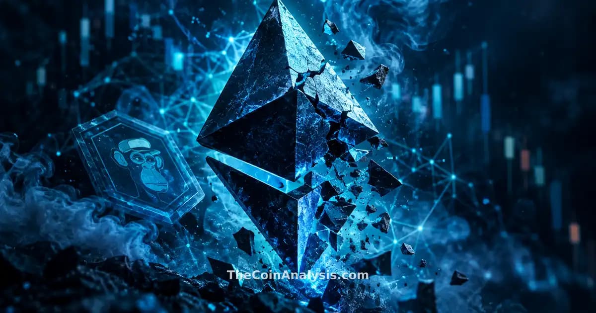 Symbole fracturé d’Ethereum lumineux sur fond bleu profond, particules de fumée et filaments de réseau en arrière-plan.
