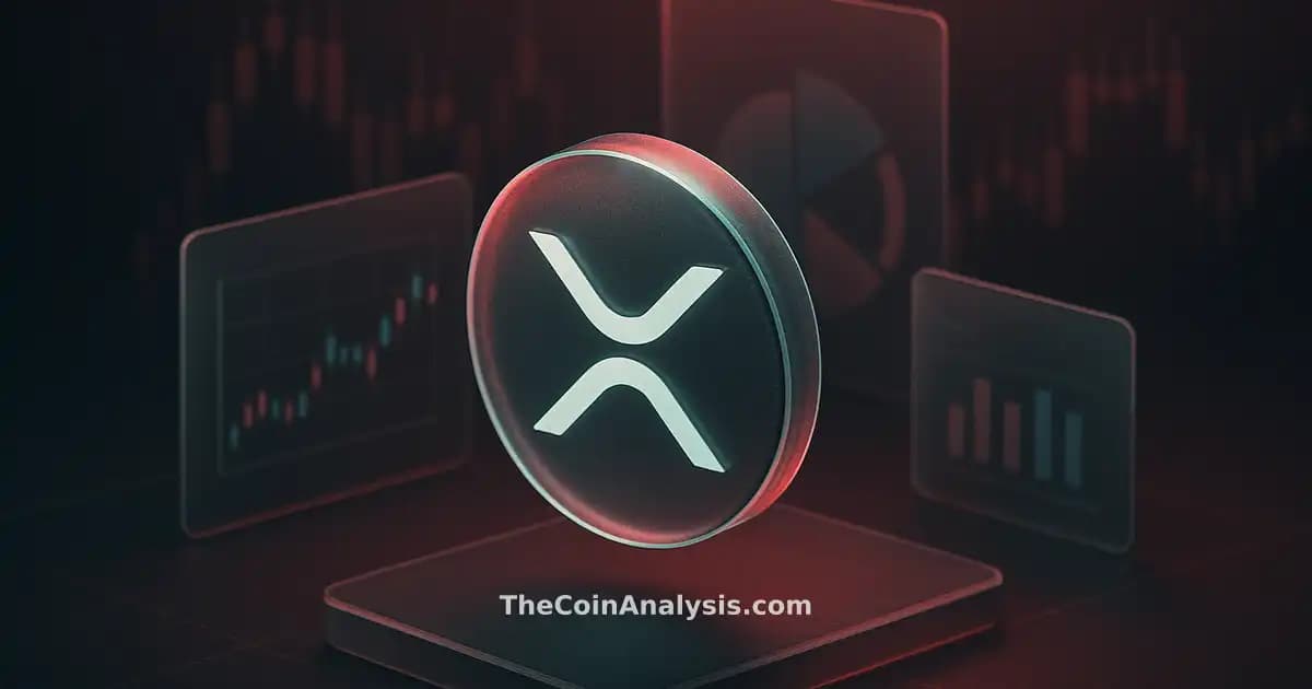 Stylized XRP token floating amid frosted-glass panels and faint candlestick charts in charcoal and crimson tones