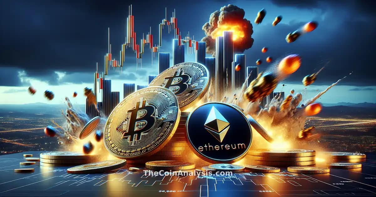 3D glossy Bitcoin and Ethereum coins crashing through a turbulent candlestick chart with explosions in city skyline