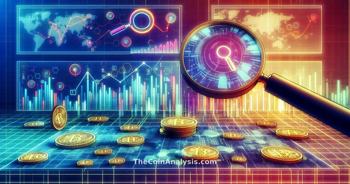 Digital illustration of cryptocurrency coins, stock charts, and magnifying glass highlighting data streams on gradient background