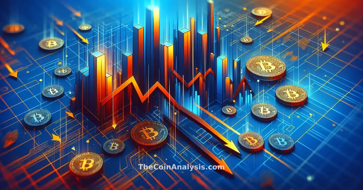 Abstract digital illustration with dark blue and orange geometric shapes and sharp downward lines over Bitcoin coins.