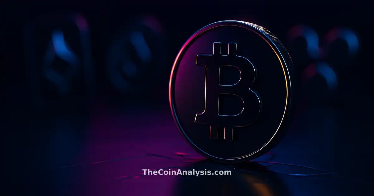 Glossy 3D Bitcoin coin with golden rim light on deep navy surface, sharp shadows and fractured reflections.