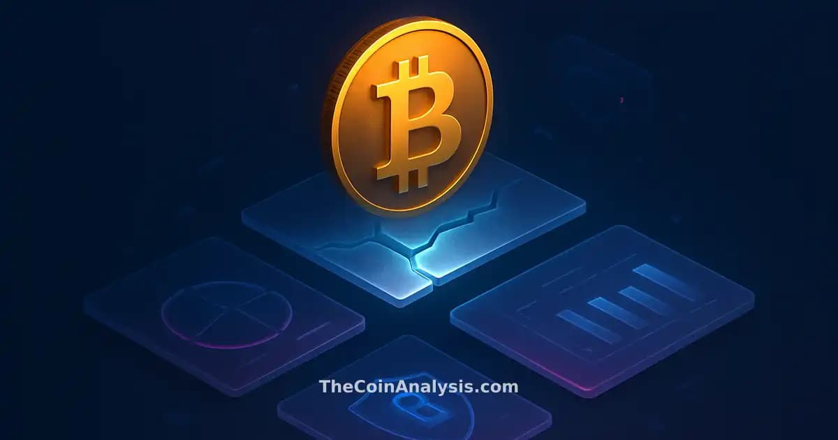 Luminous golden Bitcoin coin hovering above fractured frosted-glass panel with holographic data shards and navy backdrop
