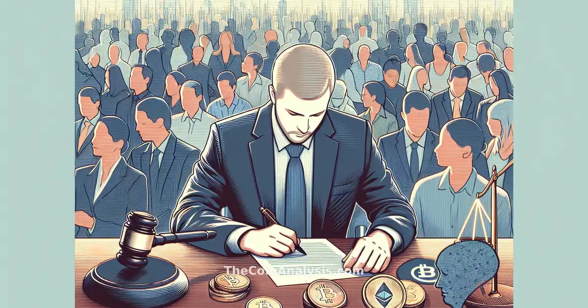 Illustration minimaliste d’un trader concentré au milieu d’une foule floue avec symboles crypto et régulation.