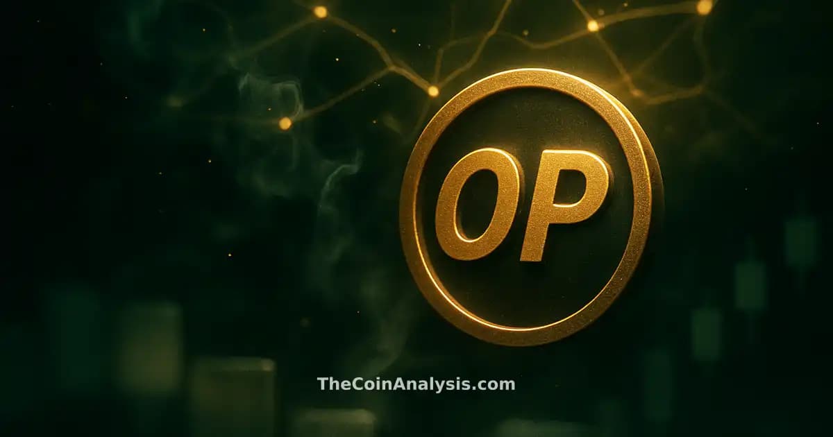 Stylized OP cryptocurrency symbol glowing amid smoky green and gold network filaments with blurred trading floor elements