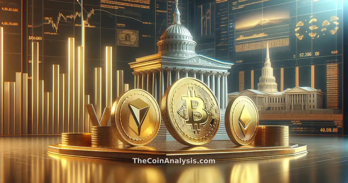 Glossy gold stablecoins with dramatic rim lighting, photorealistic White House and bank buildings, trading charts background