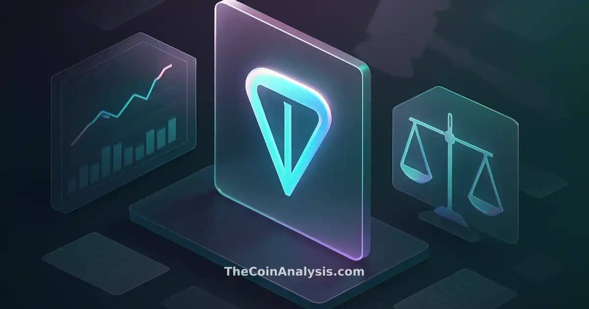 Isometric digital illustration featuring a stylized Toncoin symbol with scales of justice and a translucent gavel.