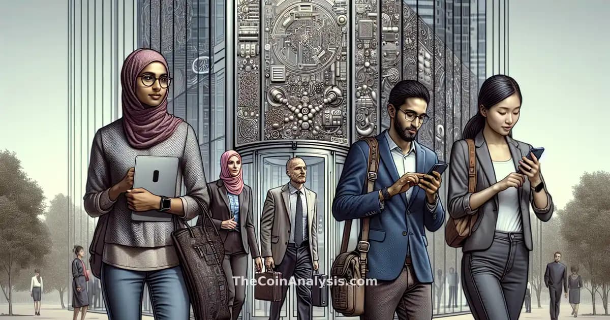 Diverse tech employees exiting modern office building with glowing Bitcoin and Ethereum symbols in background