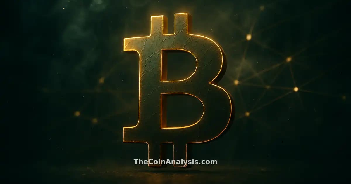 Stylized Bitcoin symbol with golden rim light and cracked texture against deep navy backdrop and glowing network filaments