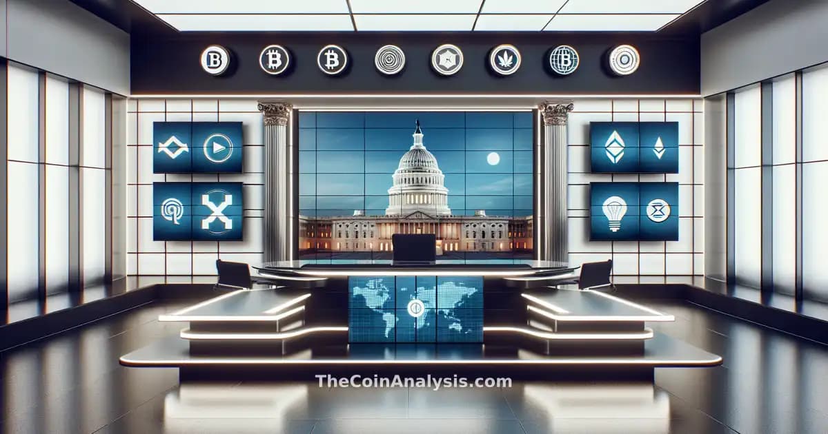 News studio set with digital screens displaying cryptocurrency icons and the U.S. Capitol building behind.