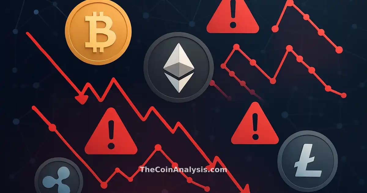 Illustration numérique montrant des pièces de crypto, nœuds réseau et icônes d’alerte sur graphiques dynamiques.