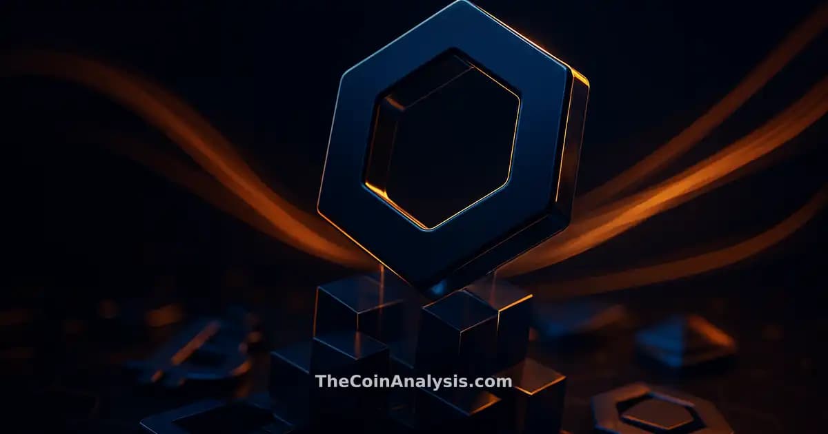 Symbole Chainlink 3D brillant émergeant de blocs translucides avec rubans de données ambrés sur fond sombre.