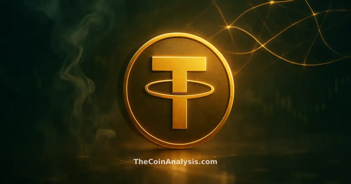 Stylized Tether symbol glowing in warm gold, surrounded by abstract trading floor elements and candlestick silhouettes.