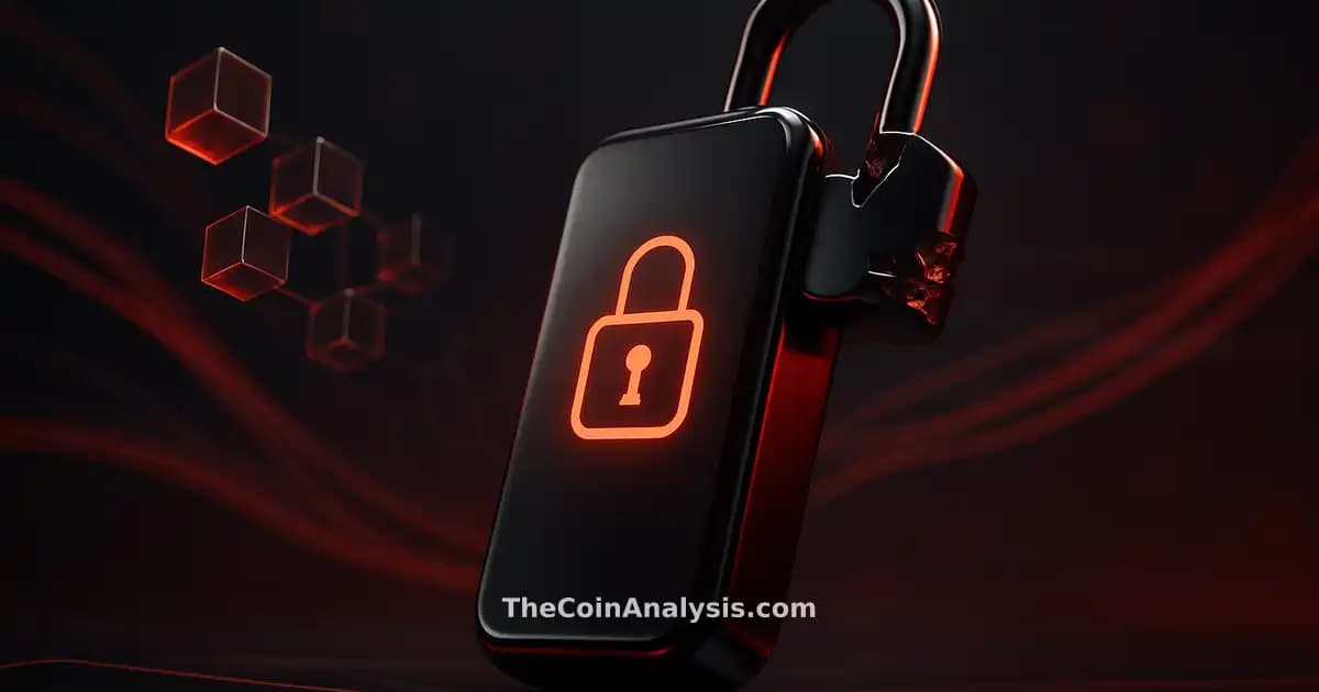 Portefeuille crypto 3D brillant avec cadenas numérique cassé, blocs translucides et rubans de données rouges et gris.