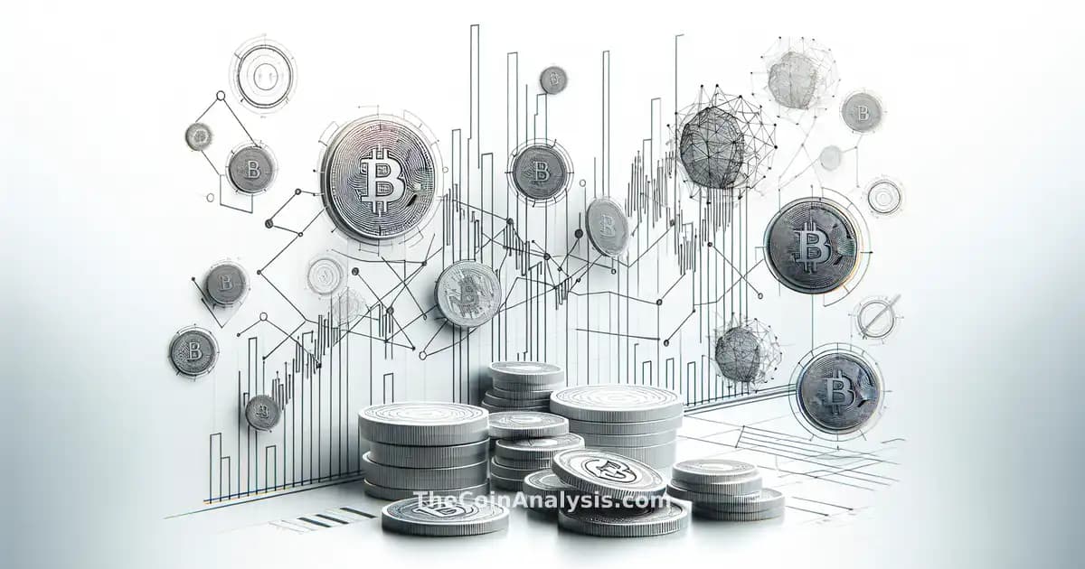 Abstract digital coins merging with geometric financial graph lines on a white minimalist background.