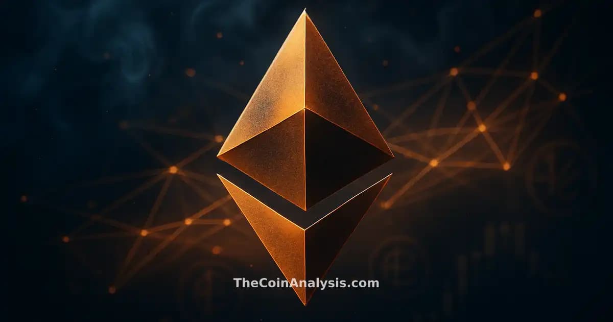 Illustration stylisée d’un symbole Ethereum abstrait avec éléments euro, filaments lumineux et silhouettes de chandeliers financiers.