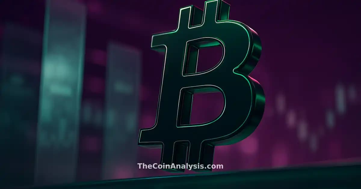 Illustration 3D d’un Bitcoin brillant sur fond de bourse stylisée avec chandeliers et vitrages translucides.