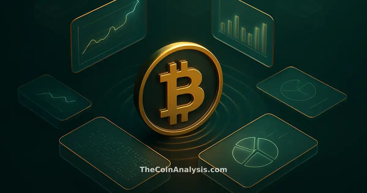 Isometric Bitcoin symbol with golden rim light floating amid frosted panels and wallet icons on dark background