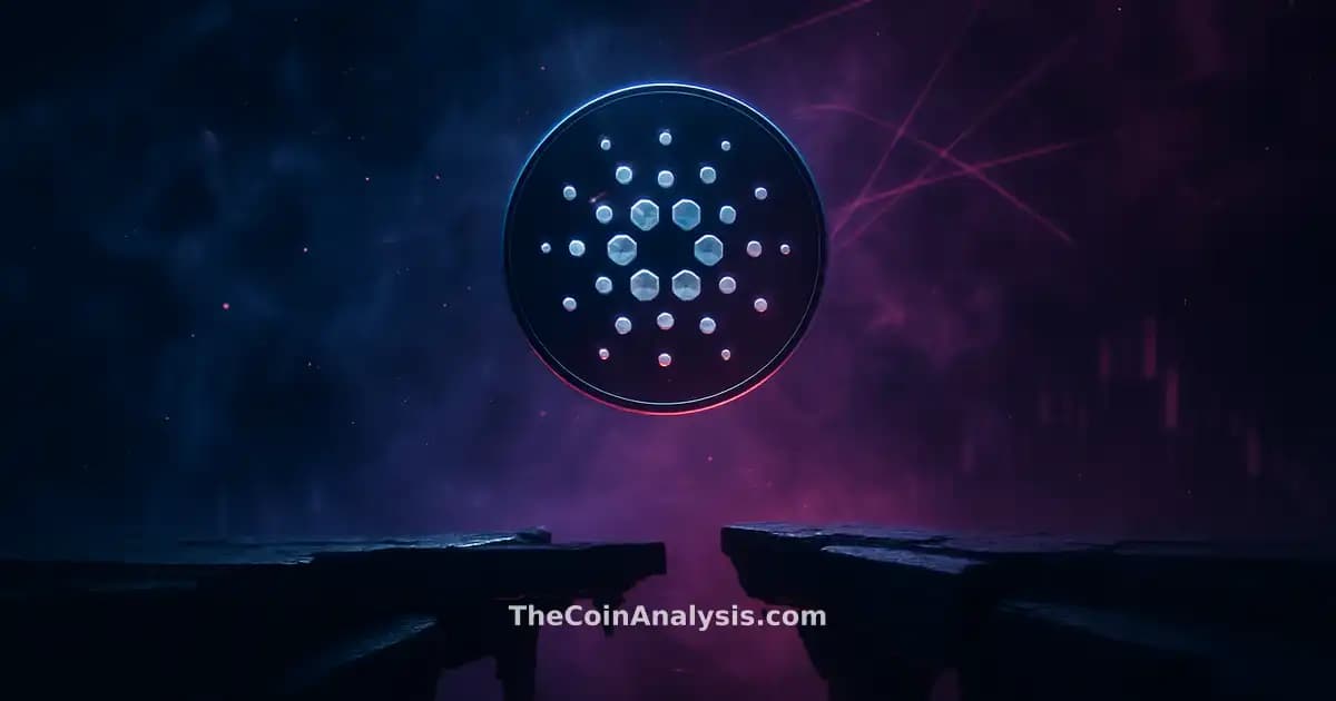 Glyphe Cardano stylisé flottant au-dessus de fragments de pont fracturés, avec filaments lumineux et chandeliers boursiers.