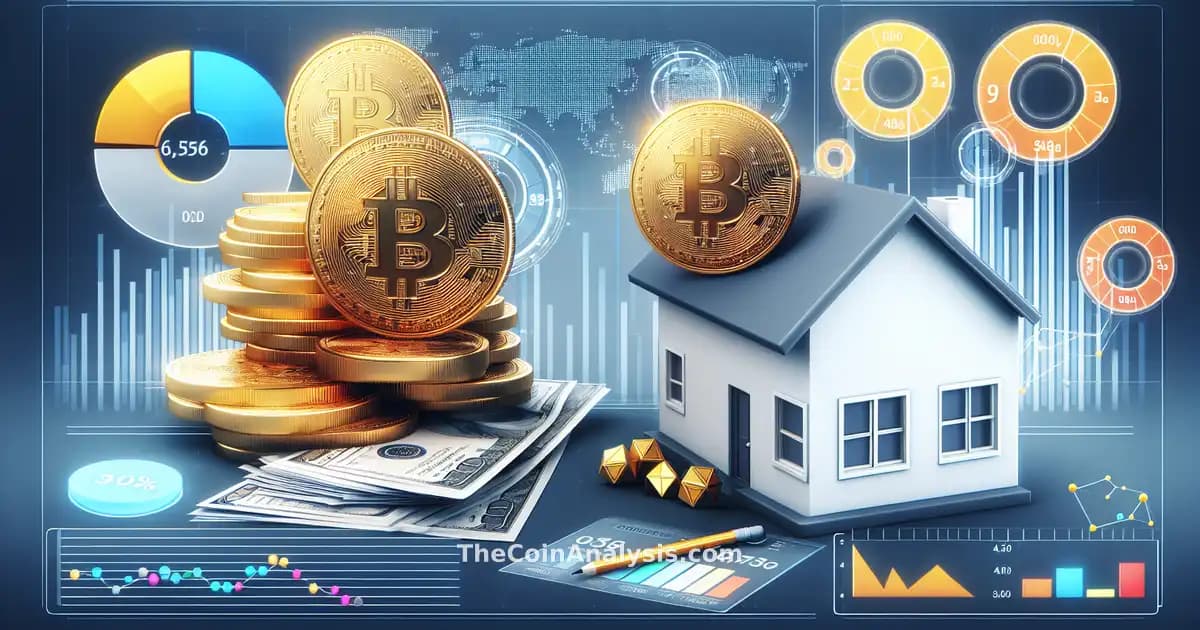 House with golden cryptocurrency coins overlayed on rising financial charts in a professional news broadcast style