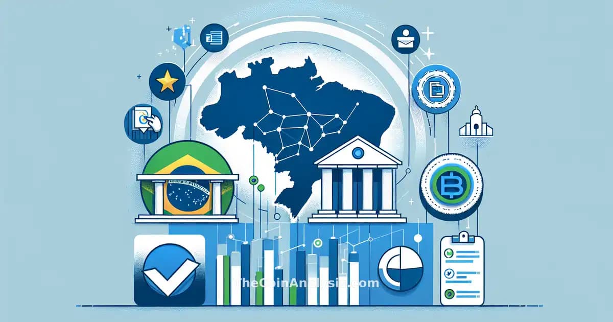 Modern infographic with Brazil map, election icons, paused crypto coins, government building, and blue data charts.