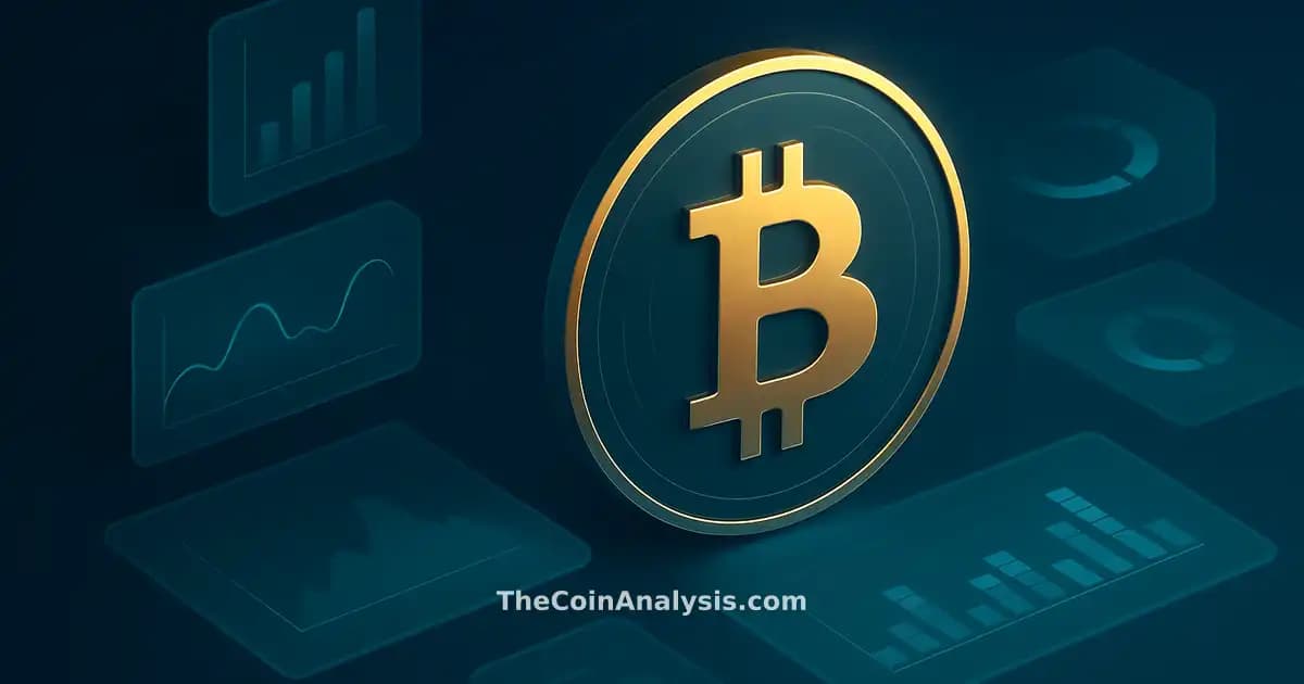 Pièce Bitcoin stylisée dorée entourée de formes quantiques abstraites sur fond bleu nuit isométrique.