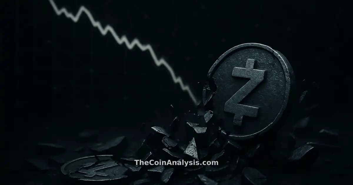 Abstract digital Zcash coins shattering beside a dark, downward-trending price chart with network lines.