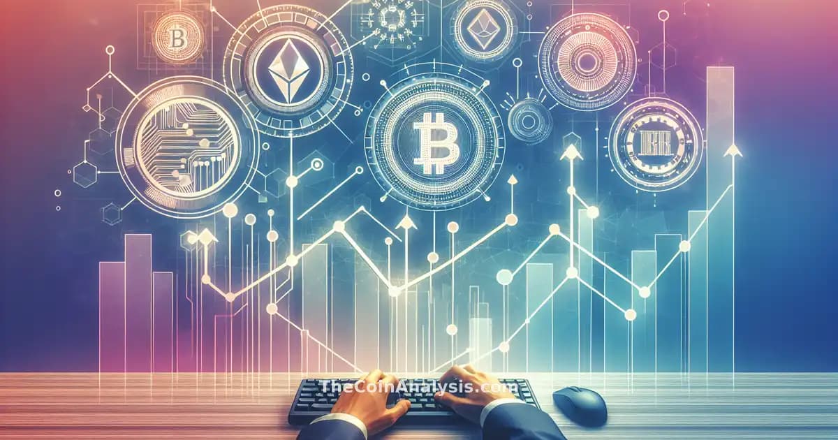Stylized stablecoins and yield icons overlay blockchain graphics with rising financial charts on a tech gradient background