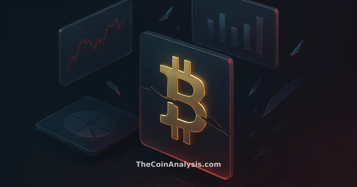 Stylized Bitcoin symbol with golden rim light amid floating frosted-glass panels and holographic shards on navy background