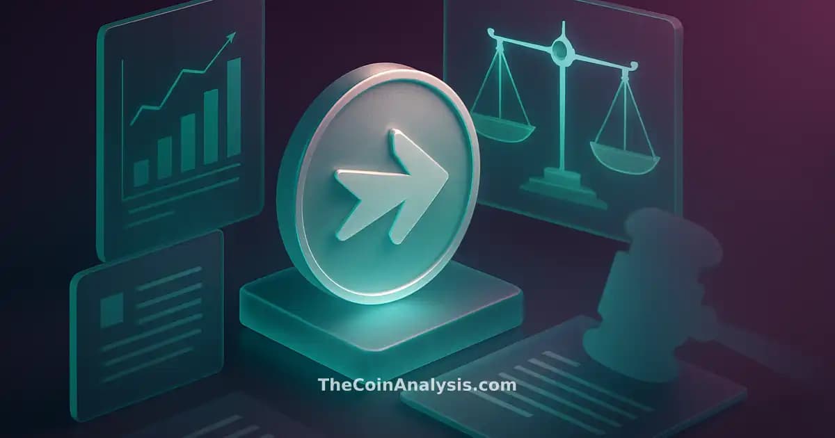 Isometric digital illustration of MOVE token surrounded by holographic justice scales and gavel silhouettes